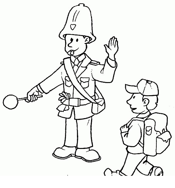 Online coloring book: Coloring page policeman helps the boy cross the road